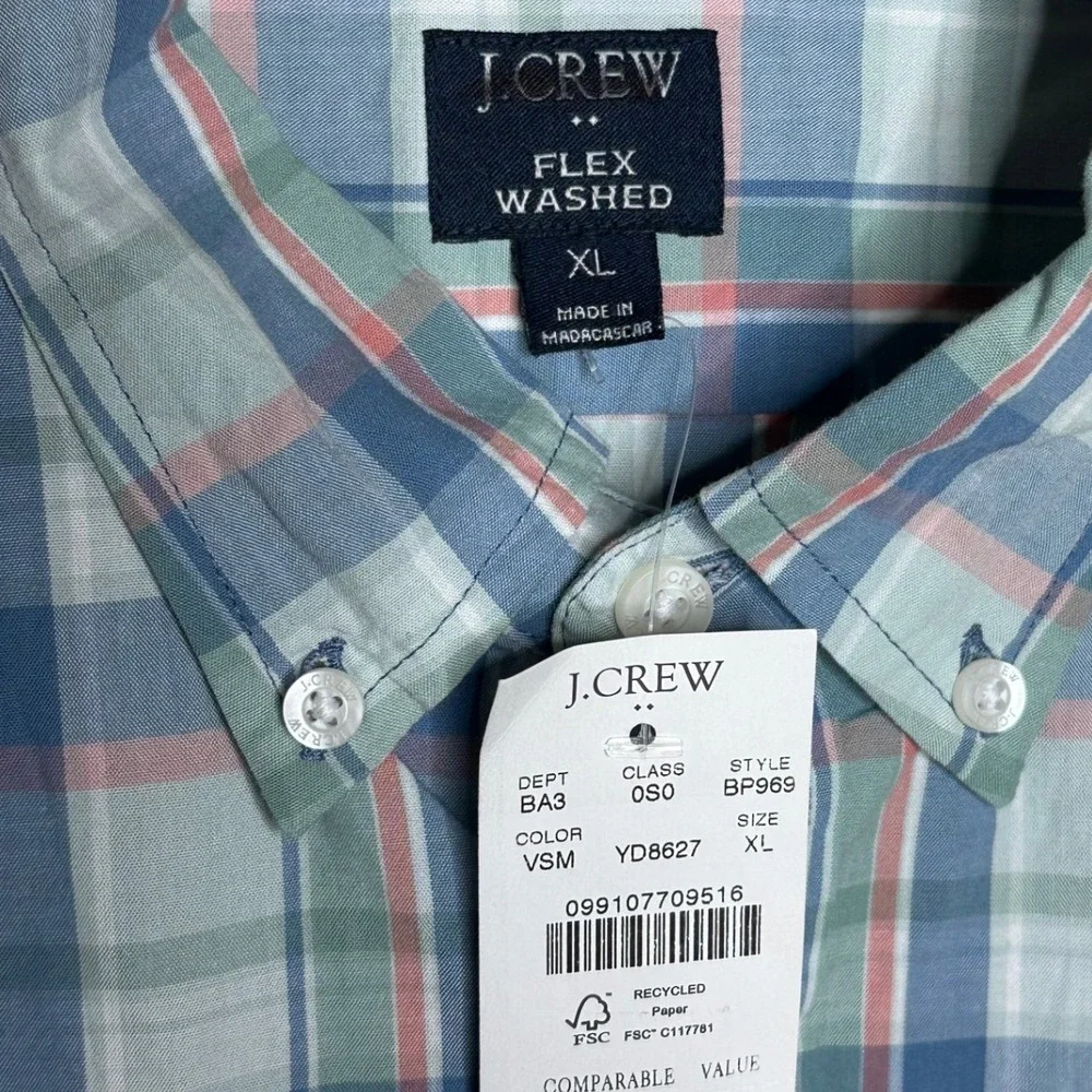 NWT J. Crew Plaid Long Sleeve Men's Button Down Shirt size XL Blue/Pink/Green
